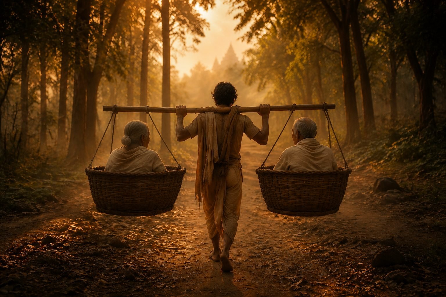 A devoted son carrying his blind parents in baskets toward Kashi through a golden forest path