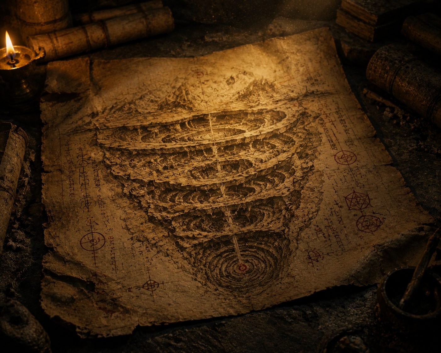 An old, weathered map marked with unfamiliar routes and symbols