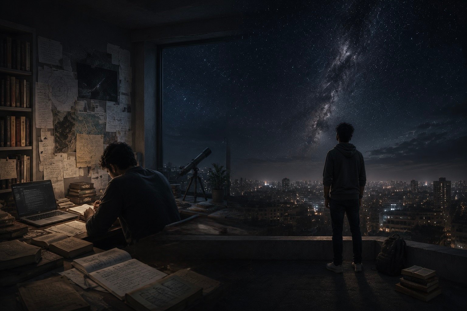 A young man surrounded by old scriptures and manuscripts, deep in study