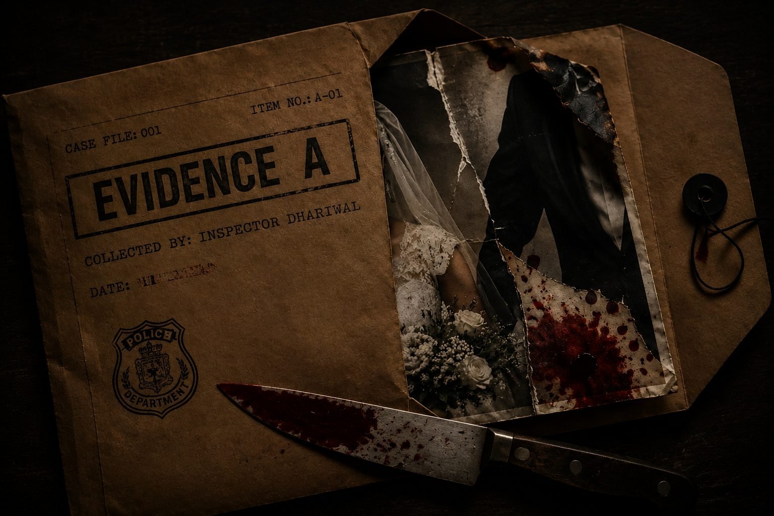 Evidence envelope containing a torn wedding photograph, a blood-stained kitchen knife, a blood stain, and a burned corner