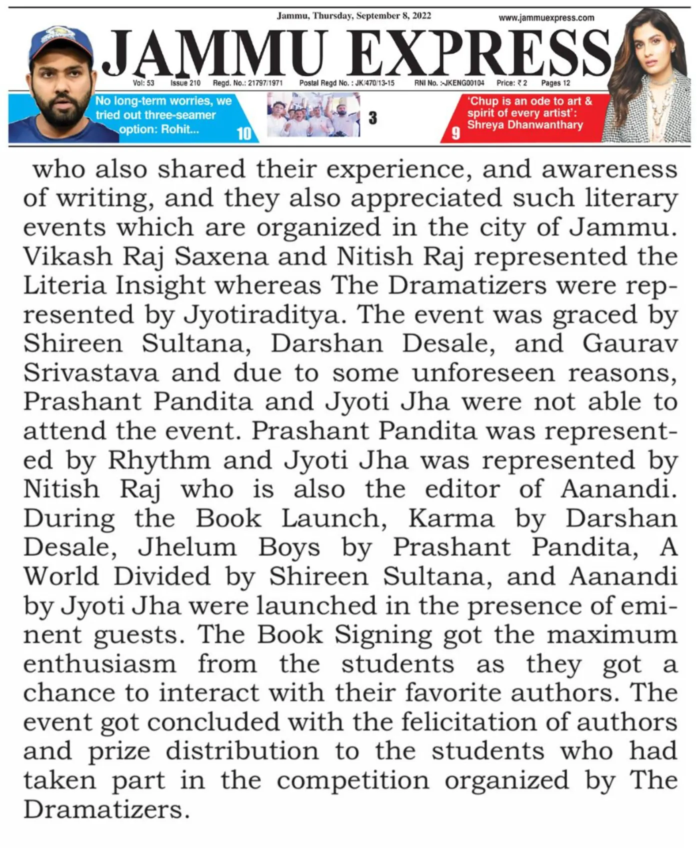 Jammu Express front page covering the Writers' Meet