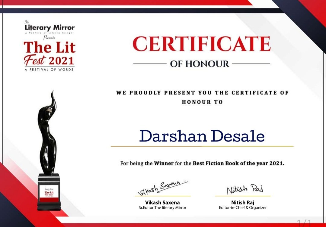 Certificate of Honour, The Lit Fest 2021, Winner Best Fiction Book of the Year