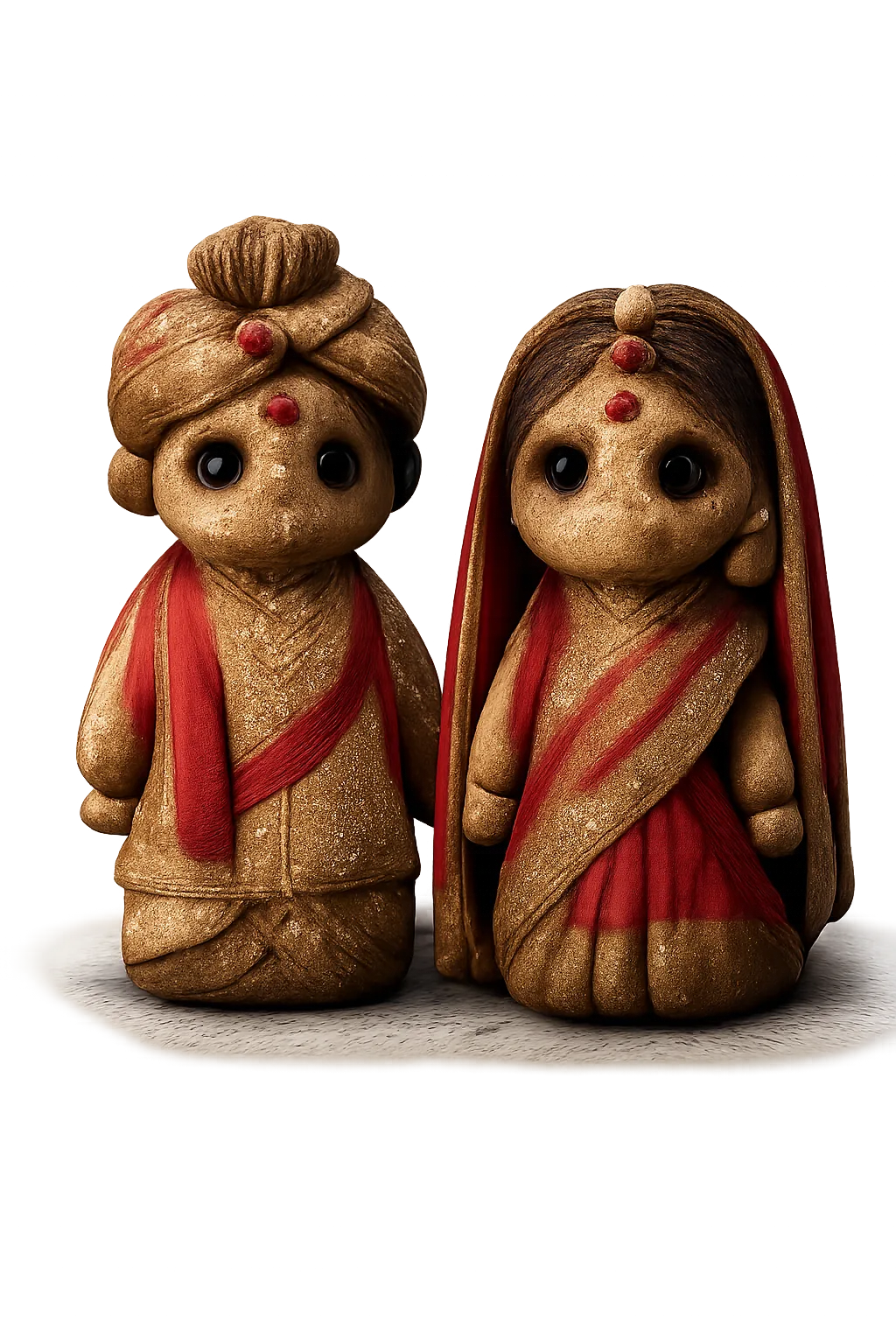 A pair of clay bride and groom dolls